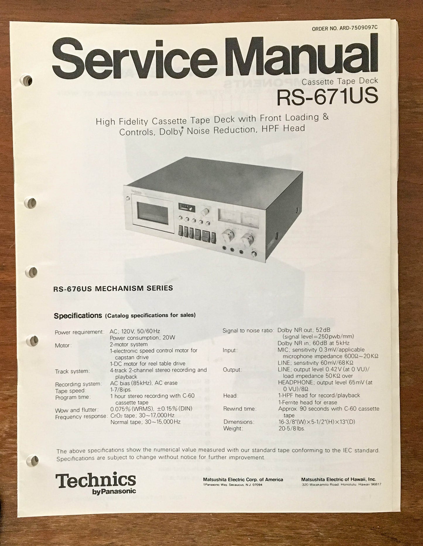 Panasonic Technics RS-671US Cassette Deck  Service Manual *Original*