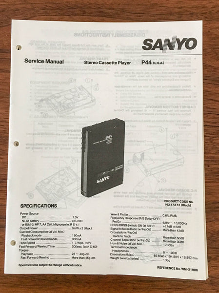 Sanyo P44 / P-44 CASSETTE PLAYER Service Manual *Original*