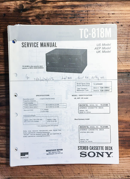 Sony TC-818M Cassette Deck  Service Manual *Original*