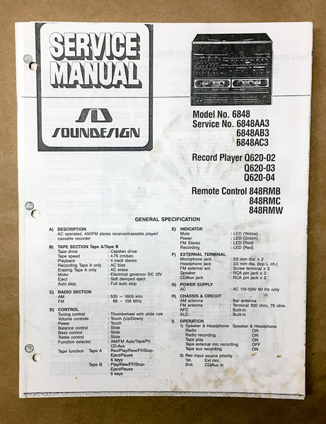 Soundesign Model 6848 Stereo Service Manual *Original*