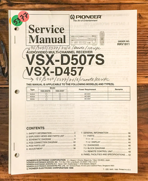 Pioneer VSX-D507S VSX-D457 Receiver  Service Manual *Original*