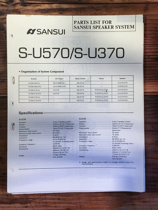 Sansui S-U370 S-U570 Speaker Parts List Manual *Original*