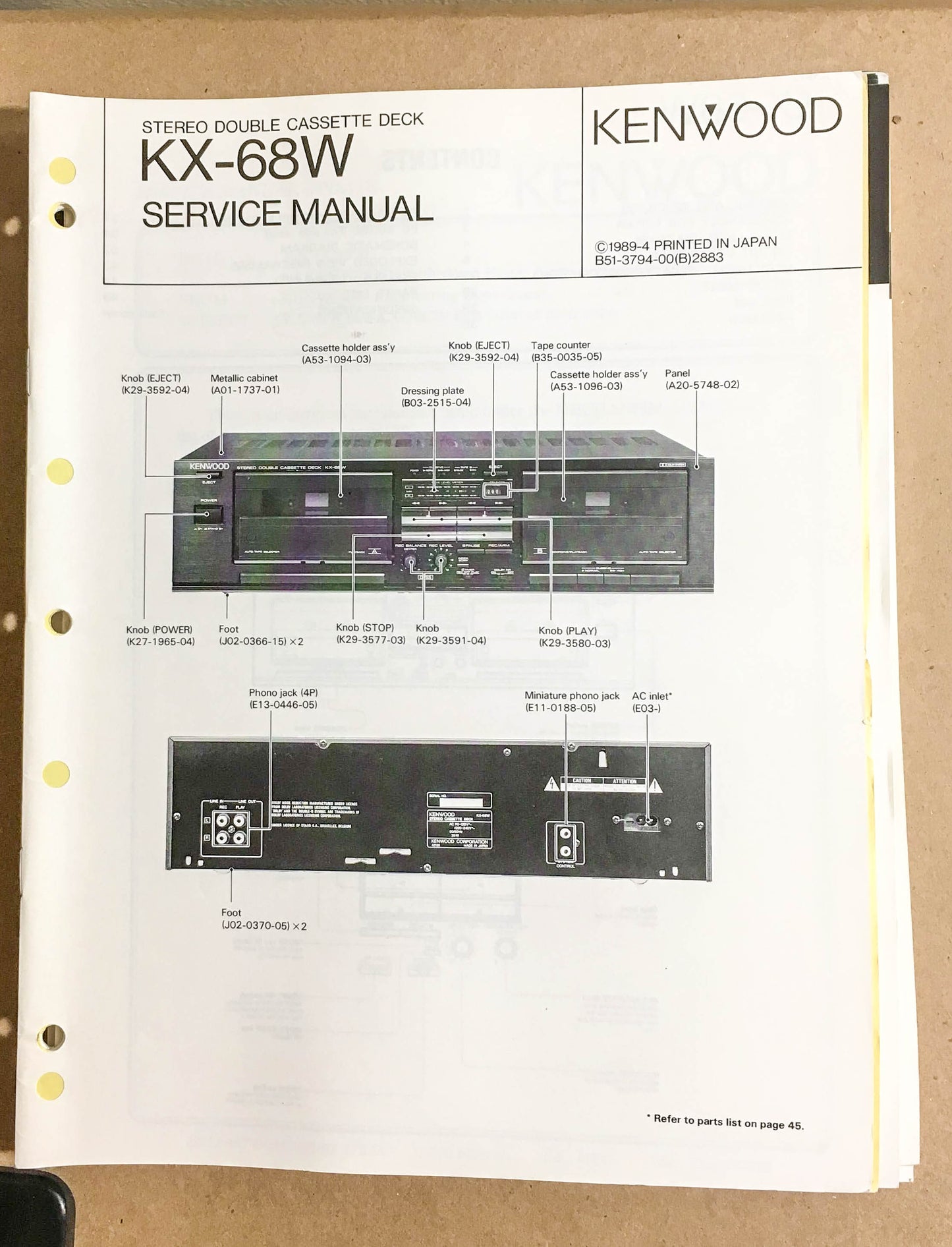Kenwood KX-68W Cassette Tape Deck  Service Manual *Original*