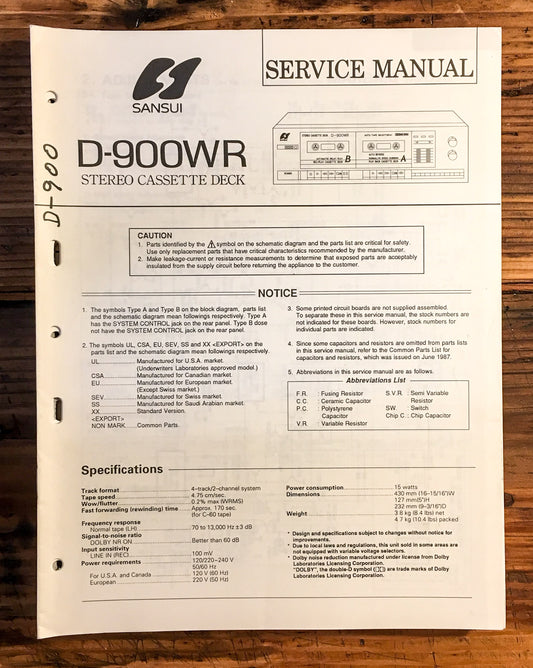 Sansui D-900WR Cassette  Service Manual *Original*