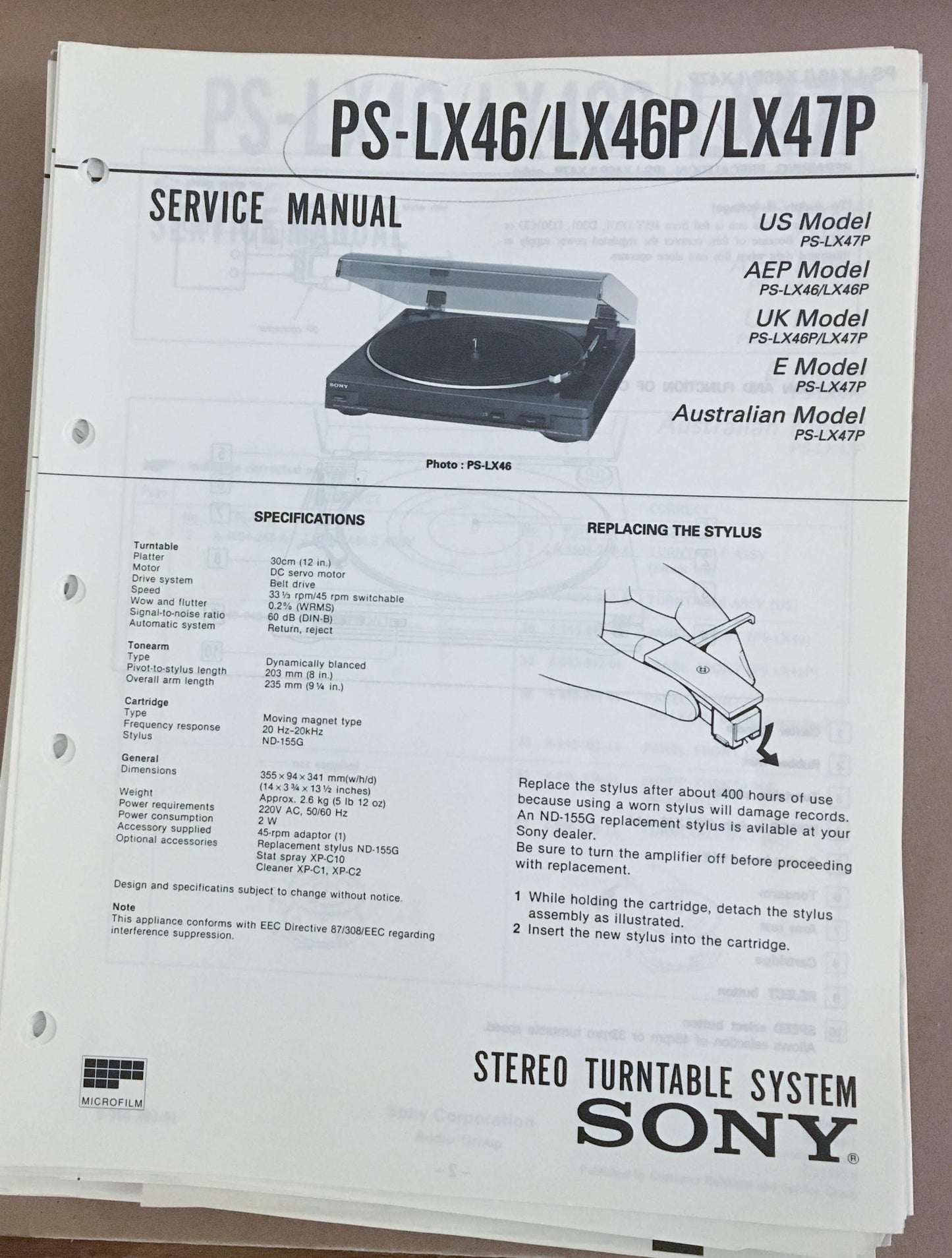 Sony PS-LX46 LX46P LX47P Turntable Record Player  Service Manual *Original*