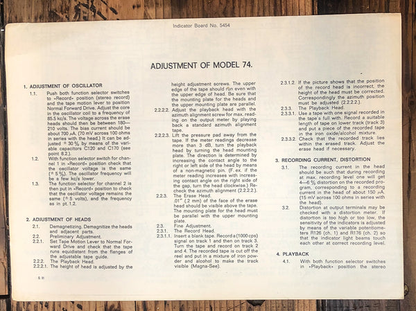 Tandberg Model 74 Reel to Reel Adjustment Manual *Original*