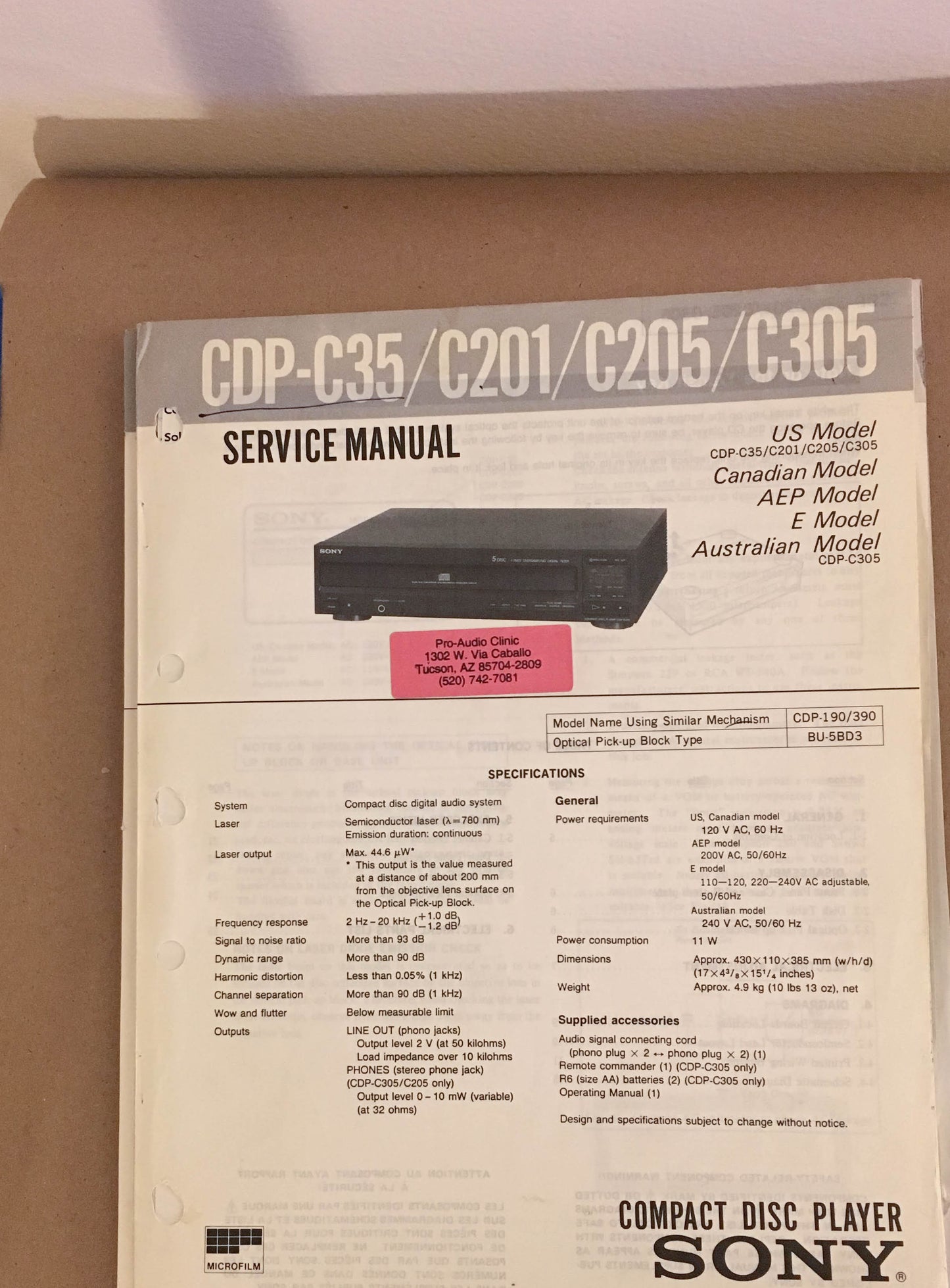 Sony CDP-C35 C201 C205 C305  CD Player Service Manual *Original*