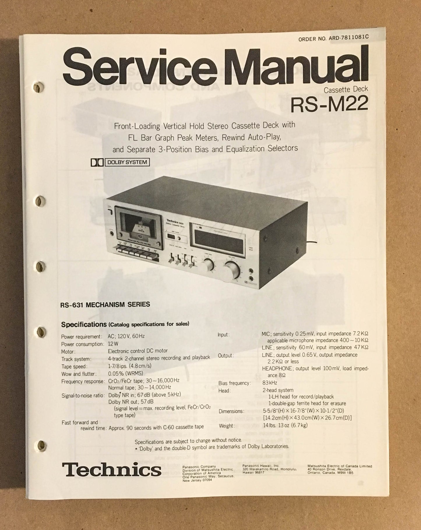Technics / Panasonic RS-M22   Service Manual *Original*