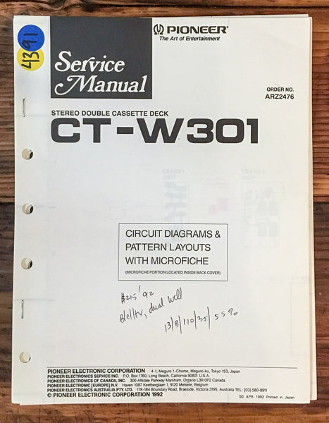 Pioneer CT-W301 Cassette Deck  Service Manual *Original*