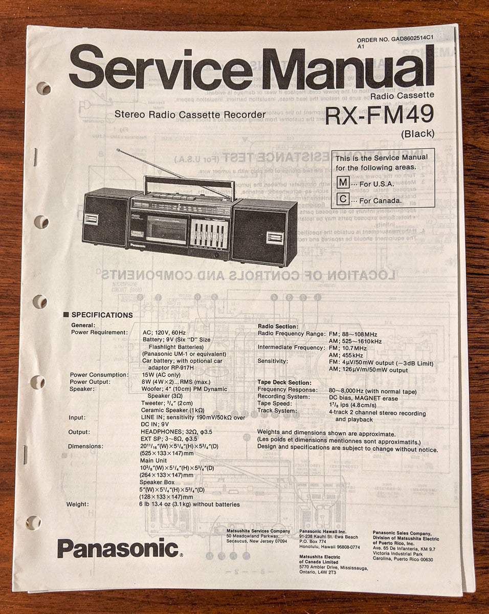 Panasonic RX-FM49 Radio Cassette Service Manual *Original*