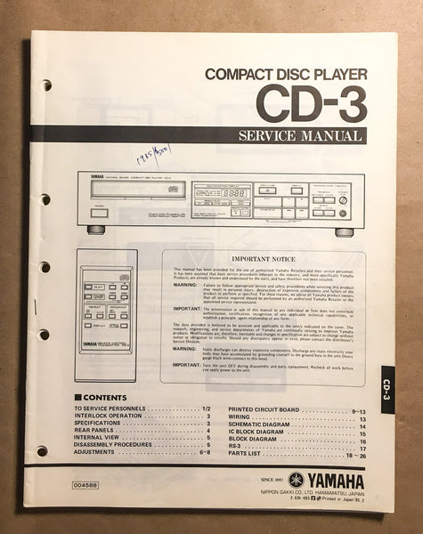 Yamaha CD-3 CD Player  Service Manual *Original*