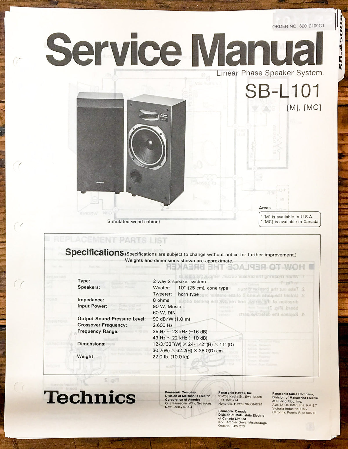 Technics SB-L101 Speaker  Service Manual *Original*