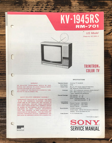 Sony KV-1945RS TV  Service Manual *Original*