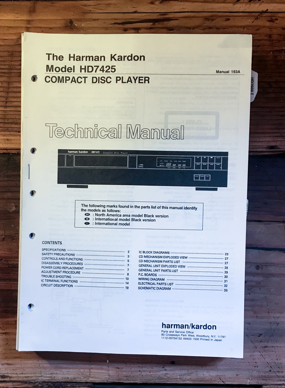 HK Harman Kardon HD7425 HD-7425 CD Player Service Manual *Original*