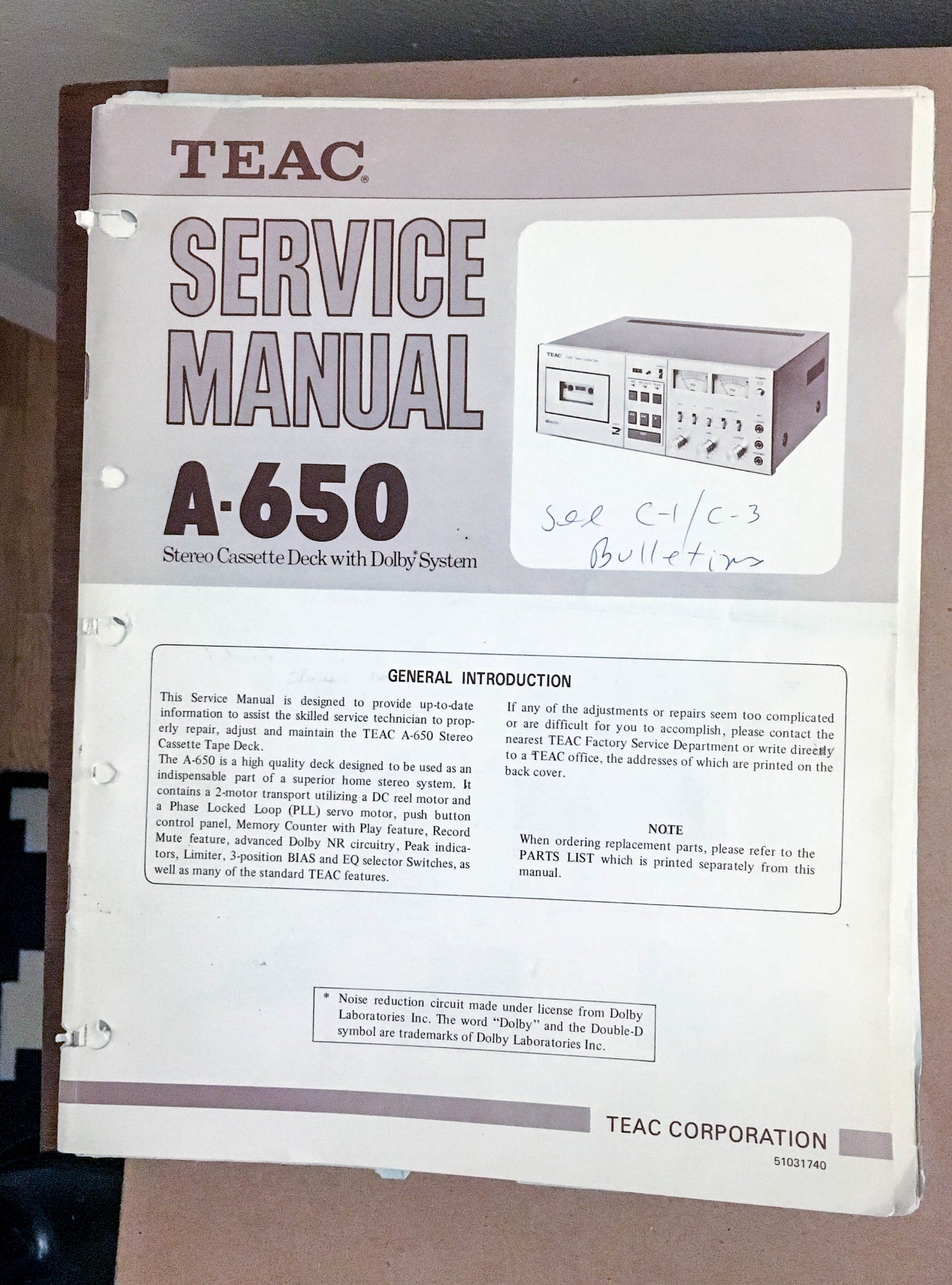 Teac A-650 Cassette Deck  Service Manual *Original*
