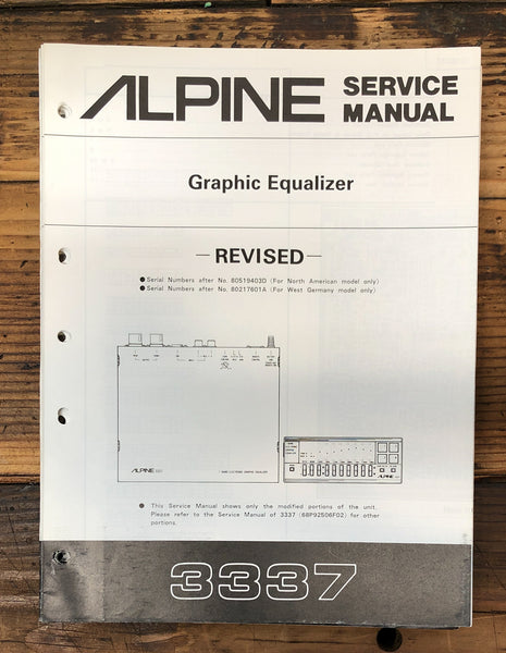 Alpine Model 3337 Equalizer Revised Service Manual *Original*