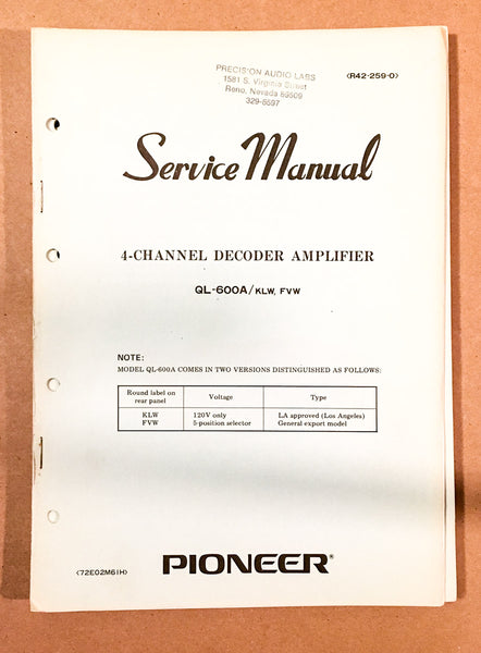 Pioneer QL-600A Amplifier  Service Manual *Original*