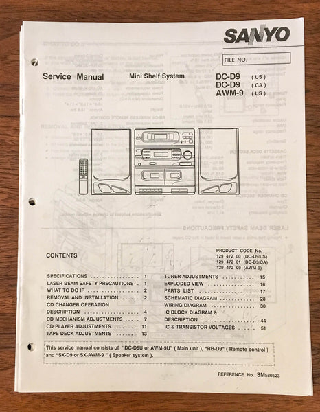 Sanyo DC-D9 AWM-9 STEREO Service Manual *Original*
