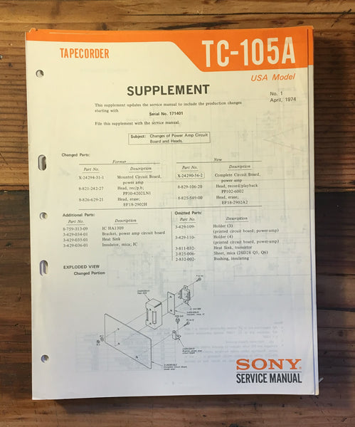 Sony TC-105A Tape Player Service Manual Sup. *Original*