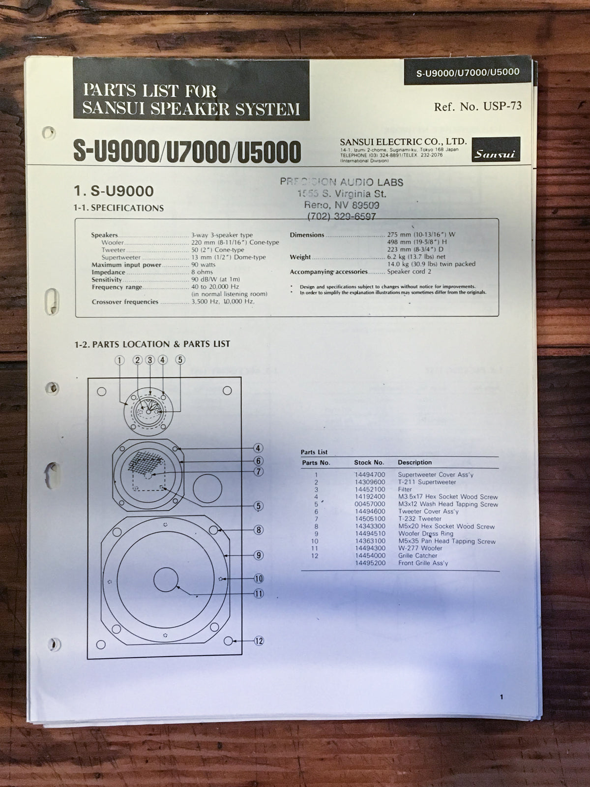 Sansui S-U9000 S-U7000 S-U5000 Speaker Parts List Manual *Original*