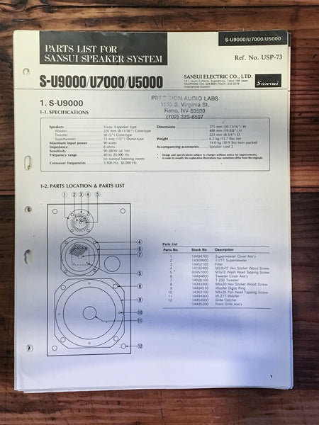 Sansui S-U9000 S-U7000 S-U5000 Speaker Parts List Manual *Original*