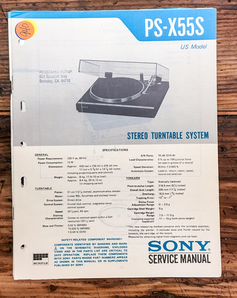 Sony PS-X55S Record Player / Turntable  Service Manual *Original*