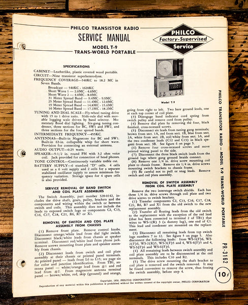 Philco Ford T-9 T9 Radio Service Manual *Original*