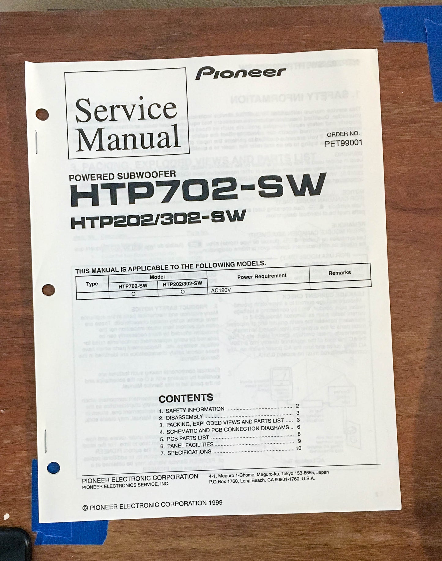 Pioneer HTP702-SW HTP202 HTP302  Service Manual *Original*