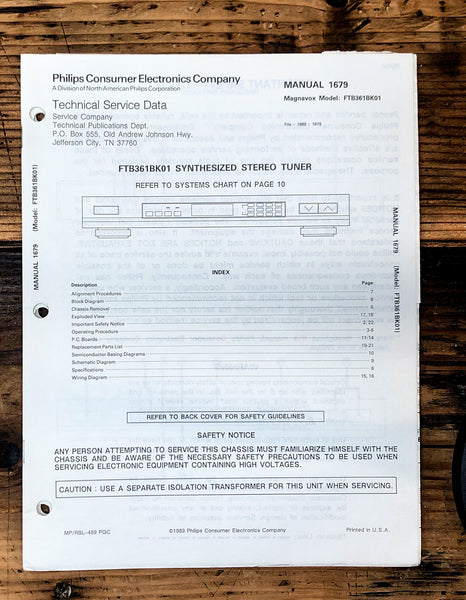 Magnavox FTB361 FTB-361 Tuner  Service Manual *Original*