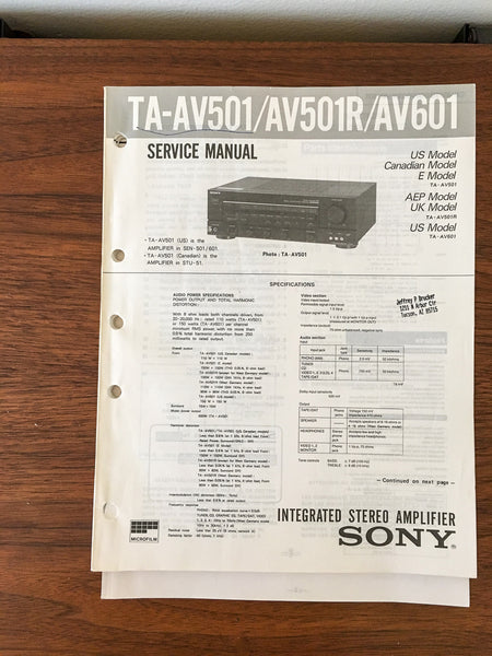 Sony TA-AV501 TA-AV501R TA-AV601 Amplifier Service Manual *Original*