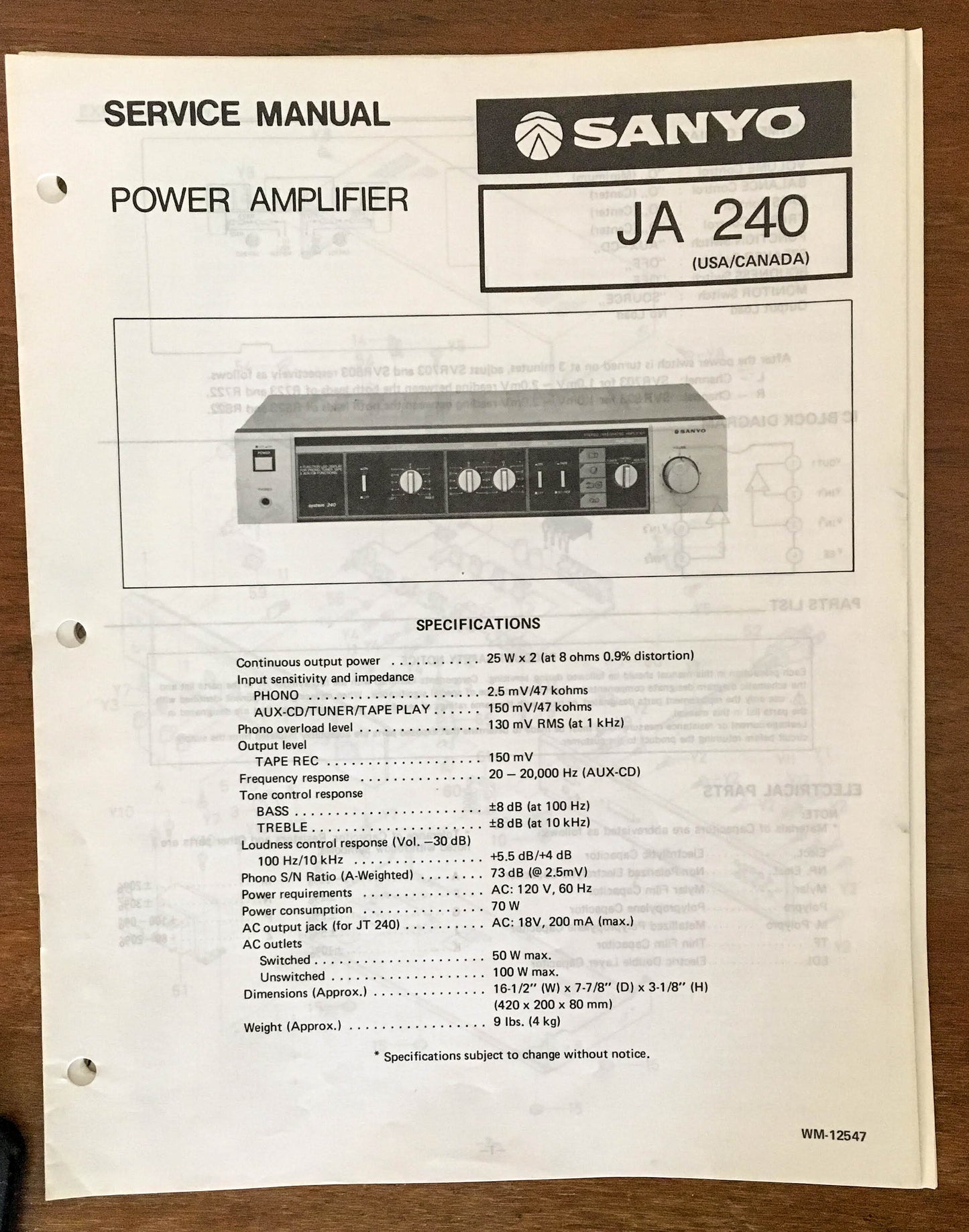Sanyo JA 240 Amplifier Service Manual *Original*