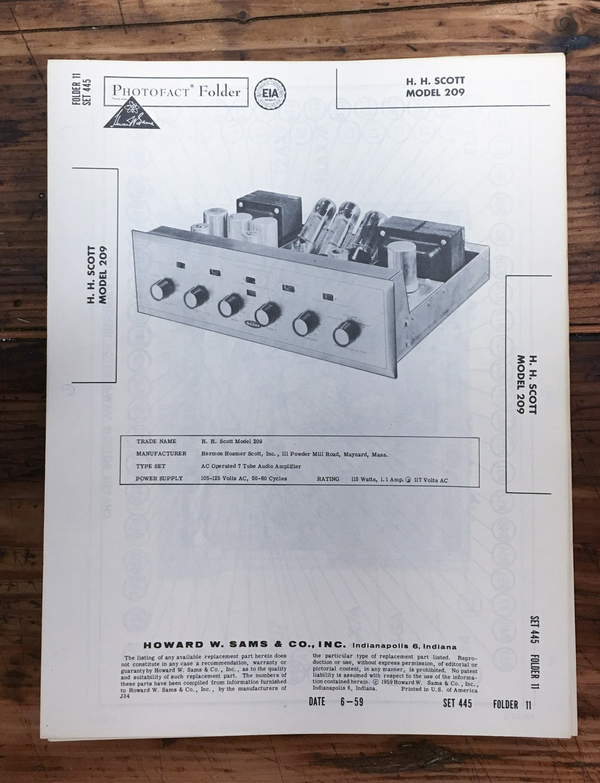 H.H Scott Model 209 Amplifier  SAMS Service Manual *Orig*