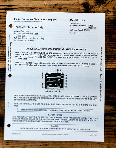 Magnavox / Sylvania AS9406 AH406 TS4960 Tuner  Service Manual *Original*
