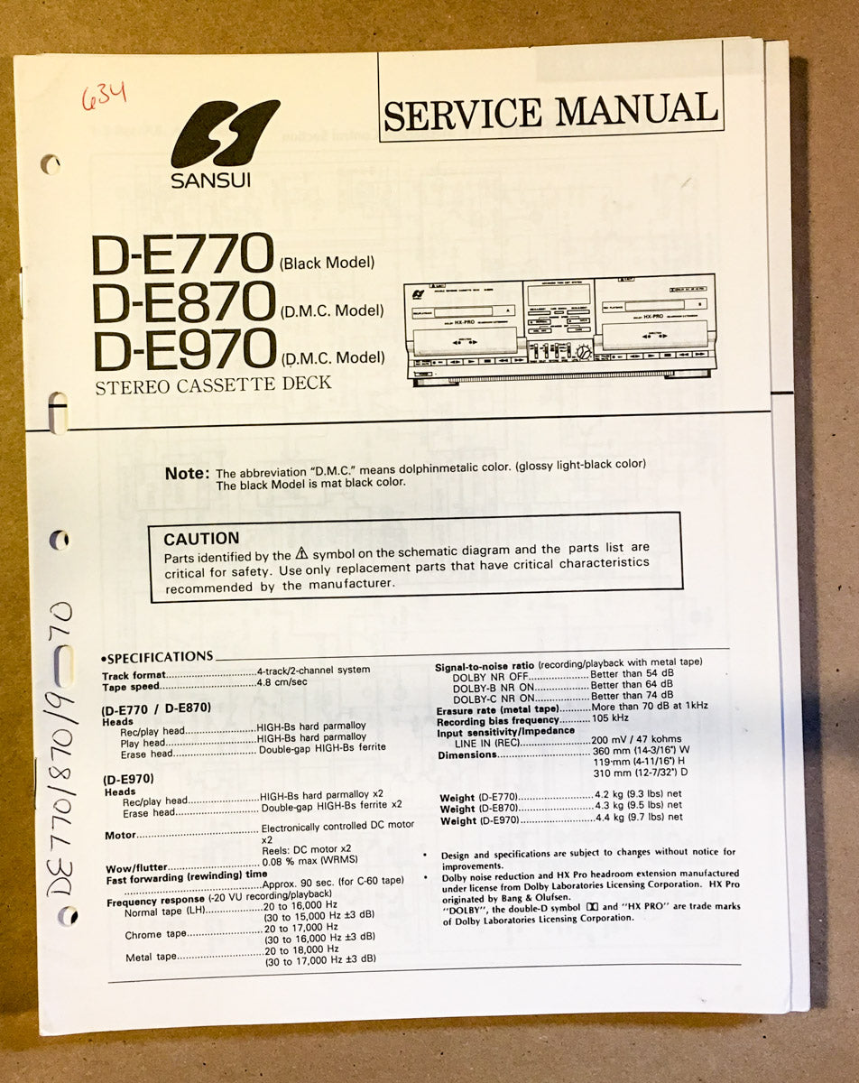 Sansui D-E770 D-E870 D-E970 Cassette / Tape Player Service Manual *Original*