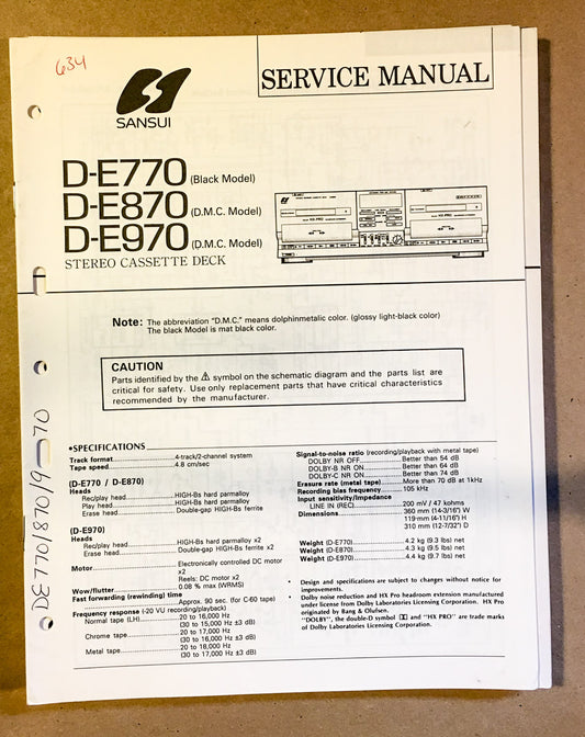Sansui D-E770 D-E870 D-E970 Cassette / Tape Player Service Manual *Original*