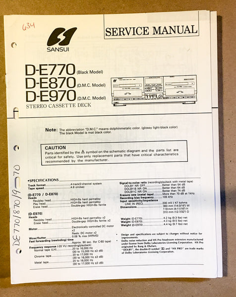Sansui D-E770 D-E870 D-E970 Cassette / Tape Player Service Manual *Original*