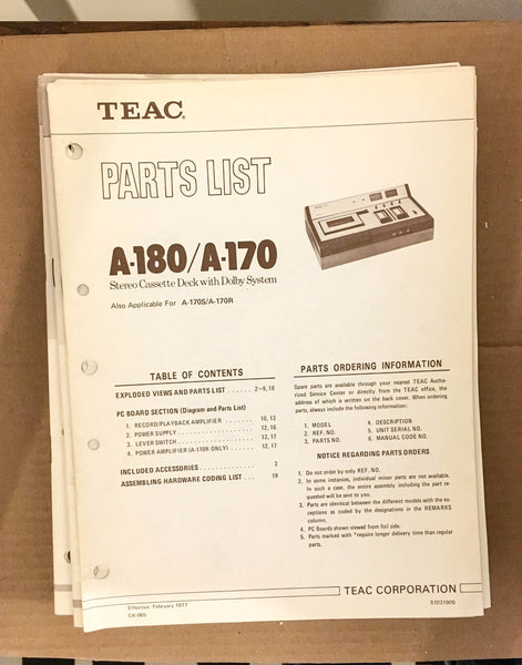 Teac A-170 A-180 Tape Deck Service Manual Parts List *Original*