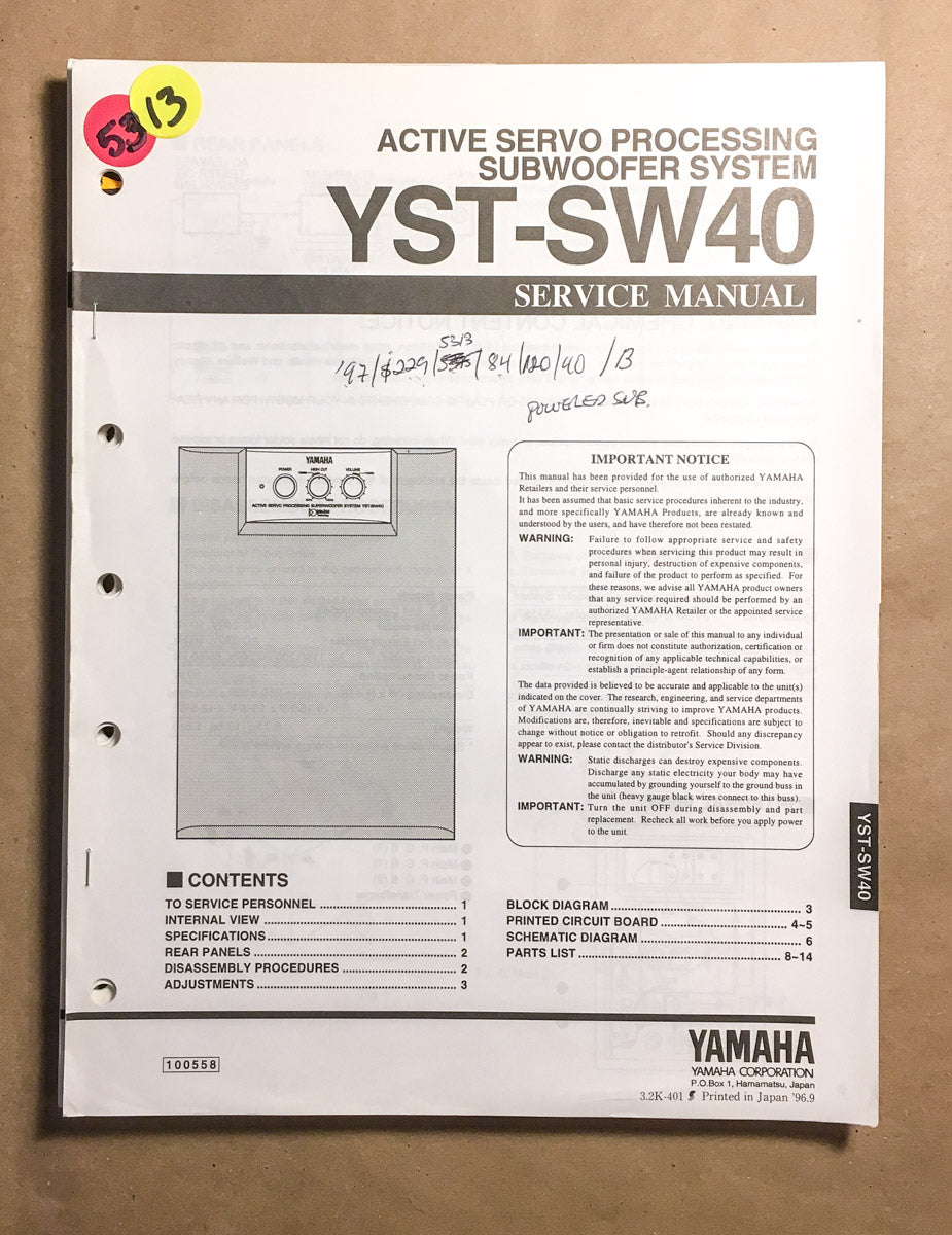 Yamaha YST-SW40 Subwoofer  Service Manual *Original*