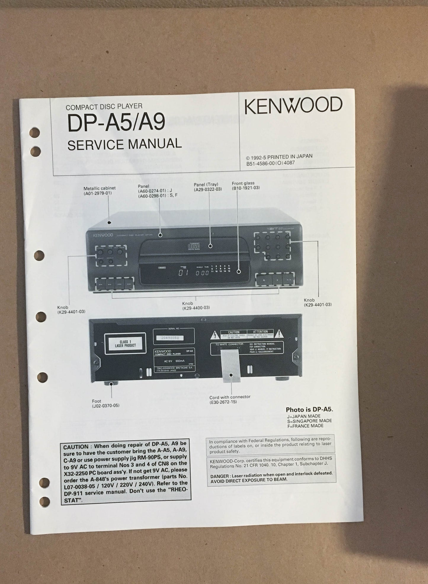 Kenwood DP-A5 DP-A9 CD Player  Service Manual *Original*