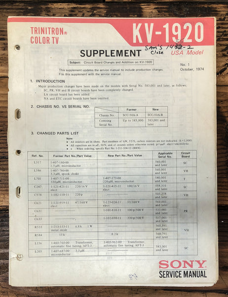 Sony KV-1920 TV Supp Service Manual *Original*