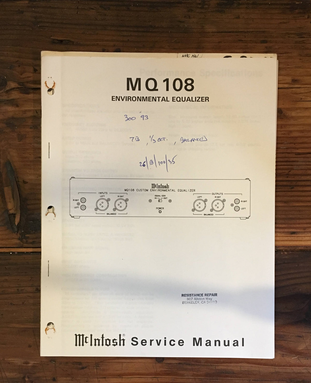 Mcintosh MQ108 MQ-108 Equalizer Service Manual *Original*