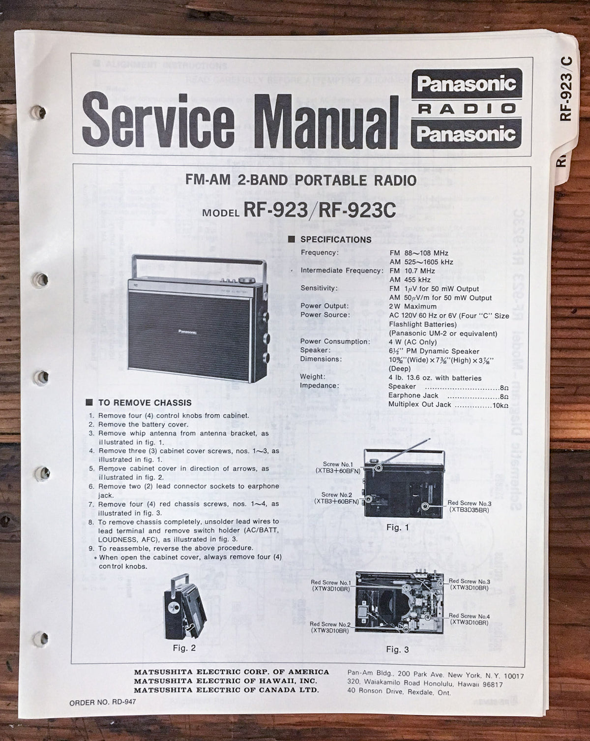Panasonic RF-923 RF-923C Radio  Service Manual *Original*