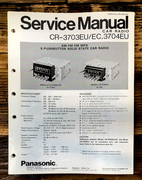 Panasonic CR-3703EU EC 3704EU Car Stereo  Service Manual *Original*
