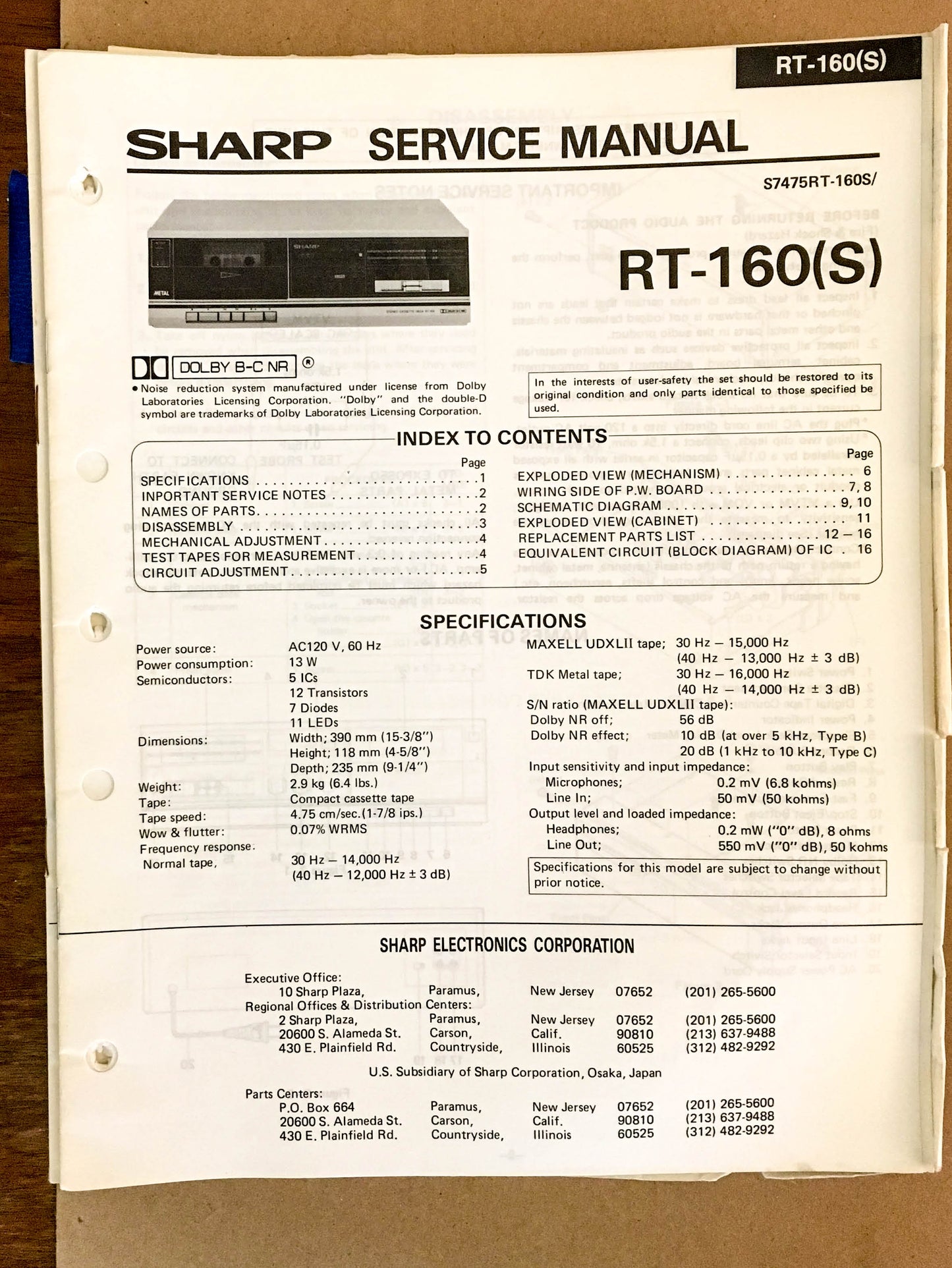 Sharp RT-160 Cassette Deck  Service Manual *Original*
