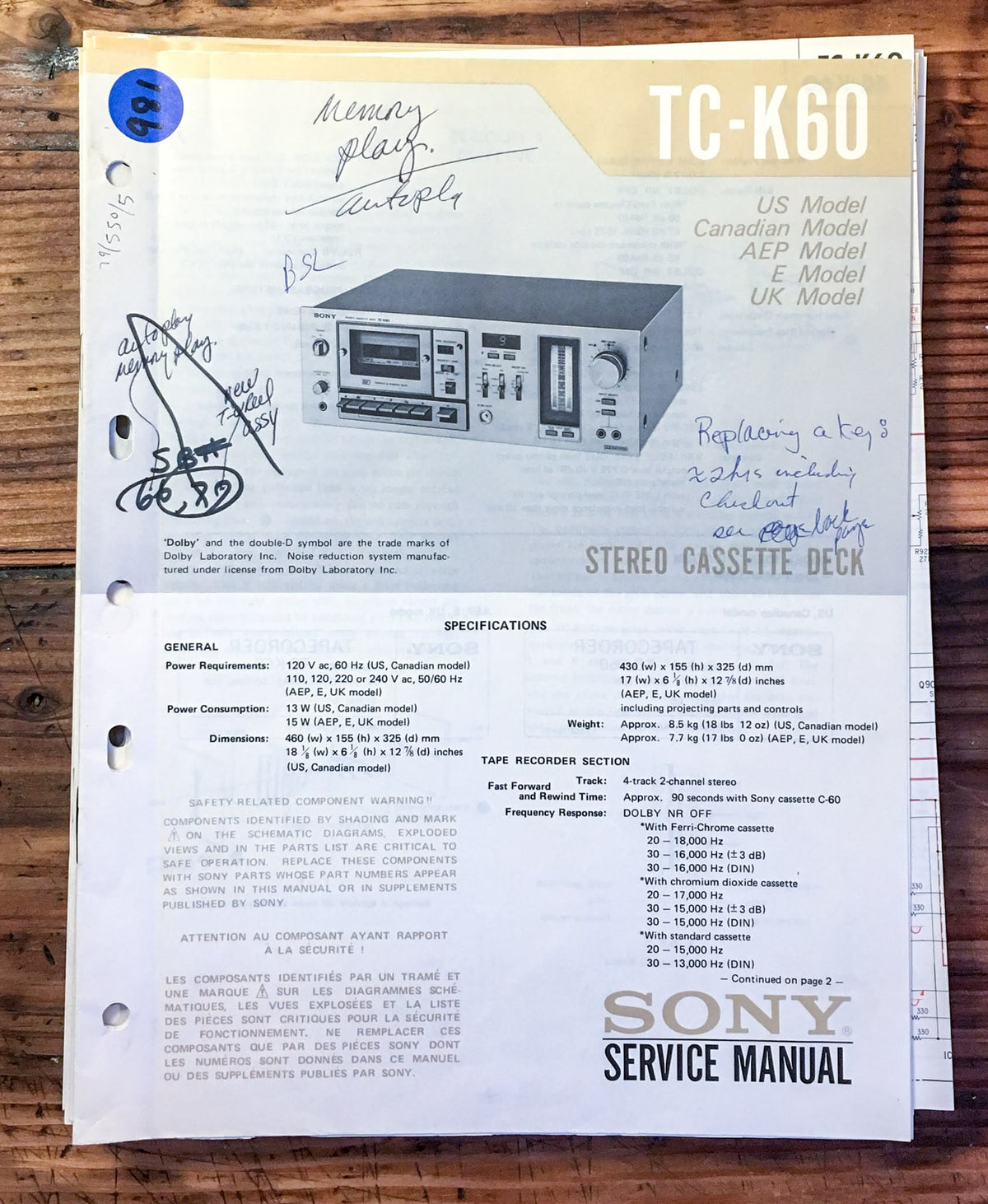 Sony TC-K60 Cassette Deck  Service Manual *Original*