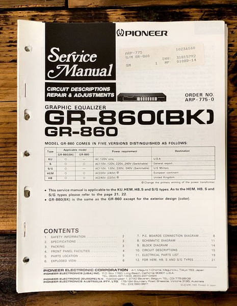 Pioneer GR-860 Equalizer  Service Manual *Original*