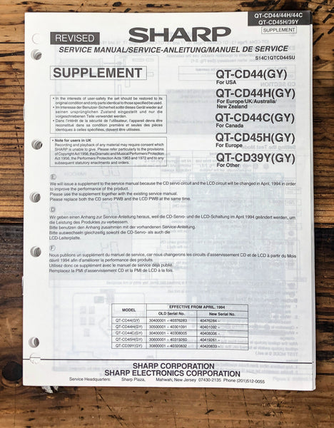 Sharp QT-CD44 CD44H CD45H CD39Y Radio Service Manual Supp. *Original*