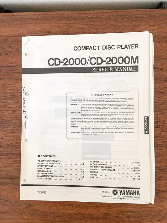 Yamaha CDC-2000 CD-2000M CD Player Service Manual *Original*