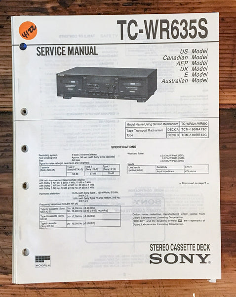 Sony TC-WR635S Cassette Deck  Service Manual *Original*