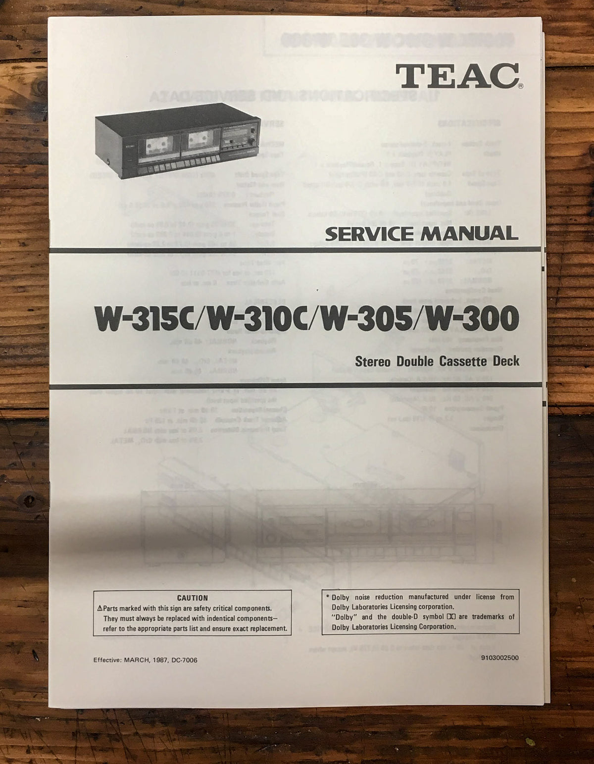 Teac W-315C W-310C W-305  W-300 Cassette Deck  Service Manual *Original*